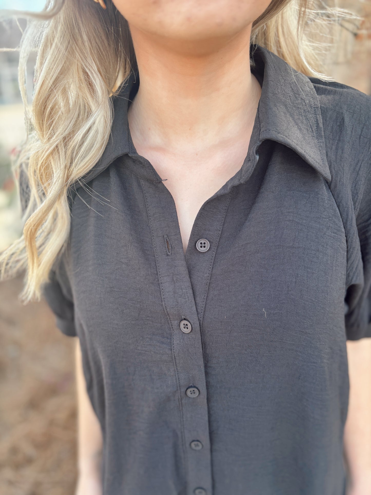 Black Woven Button Down Mini Dress
