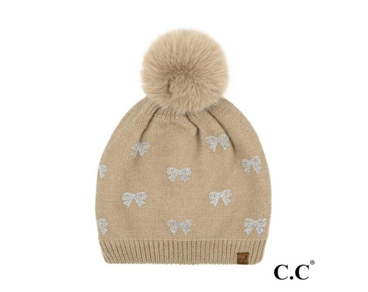 Allover Rhinestone Mini Bow Pom Beanie