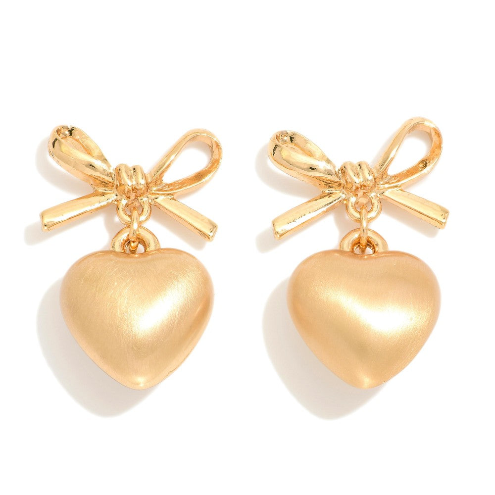 Metal Bow Heart Drop Earrings