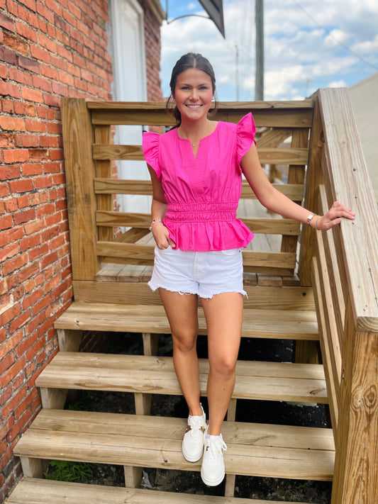 Pink Elastic Ruffle Sleeve Top