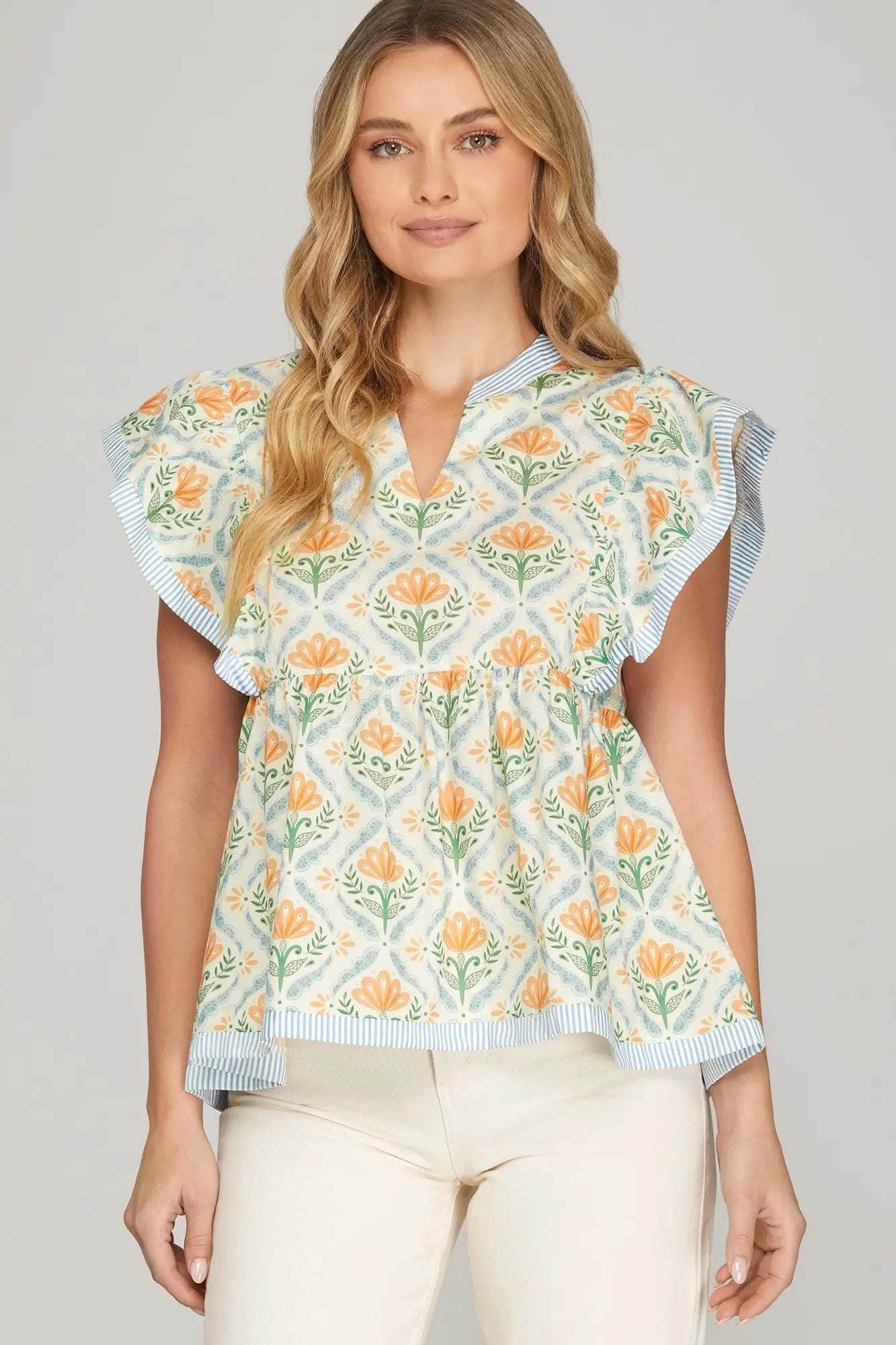 Blue & Orange Ruffle Sleeve Top