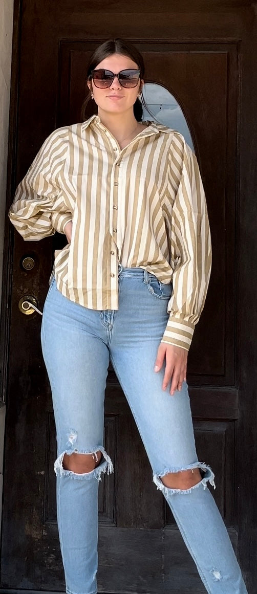 Taupe Striped Long Sleeve Button Down