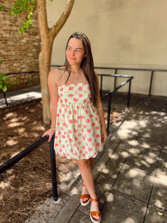 Floral Strapless Bubble Hem Mini Dress