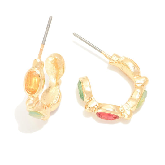 Multi-Color Oval Rhinestone Studded Huggie Hoop Earrings