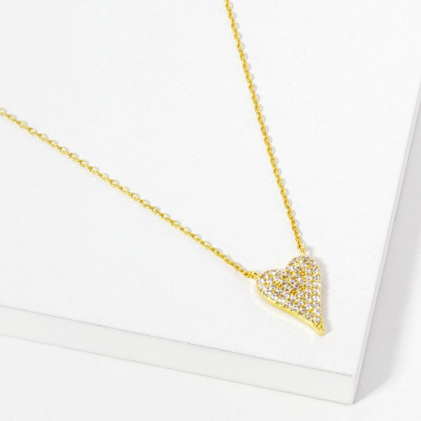 Dainty Chain Link Necklace Featuring Pave Rhinestone Heart Pendant