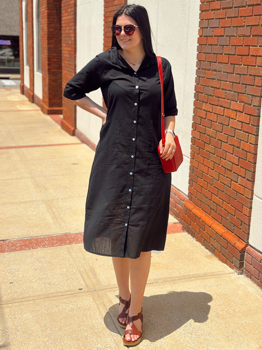 Black Linen Button Dress