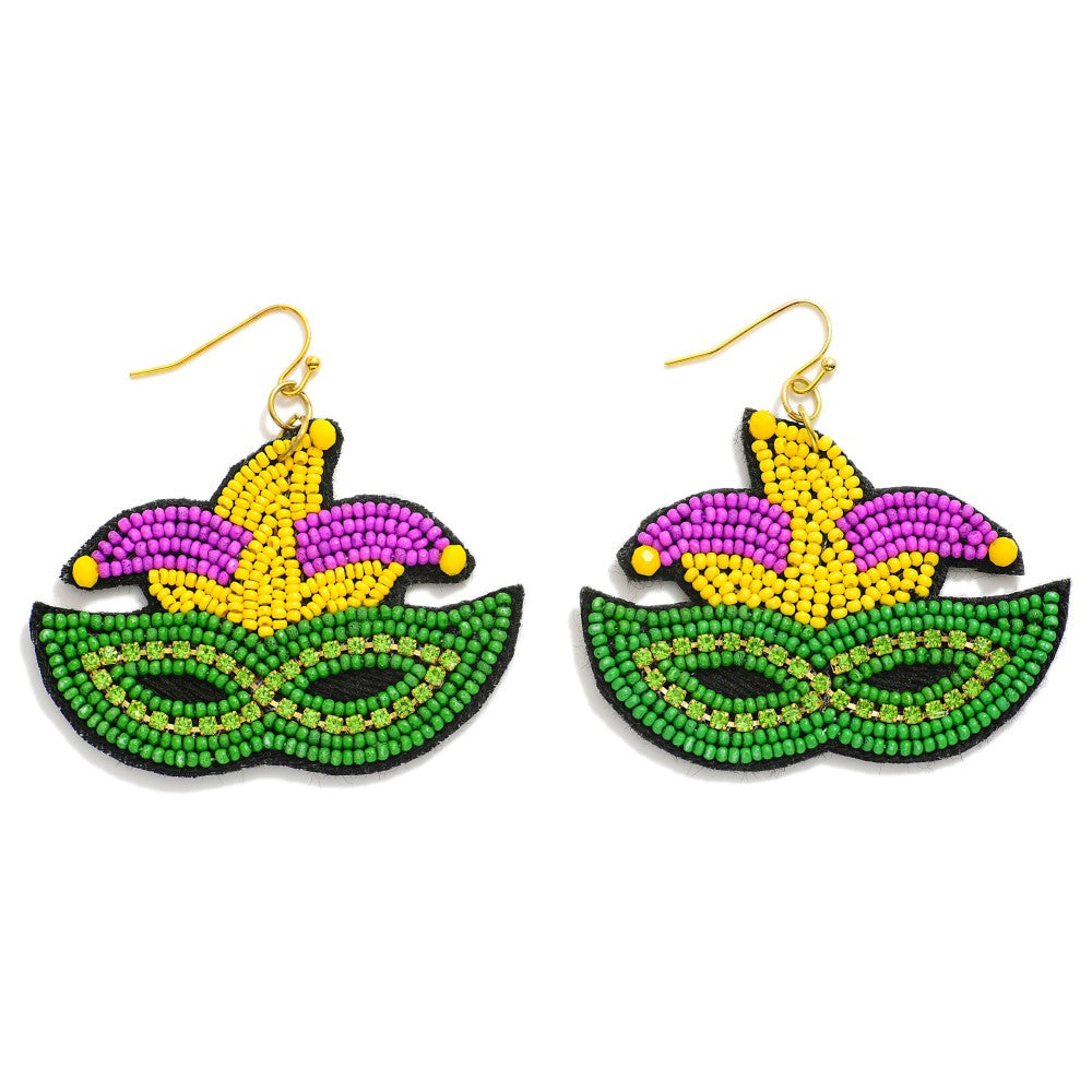 Seed Bead Mardi Gras Mask Drop Earrings With Rhinestone Details