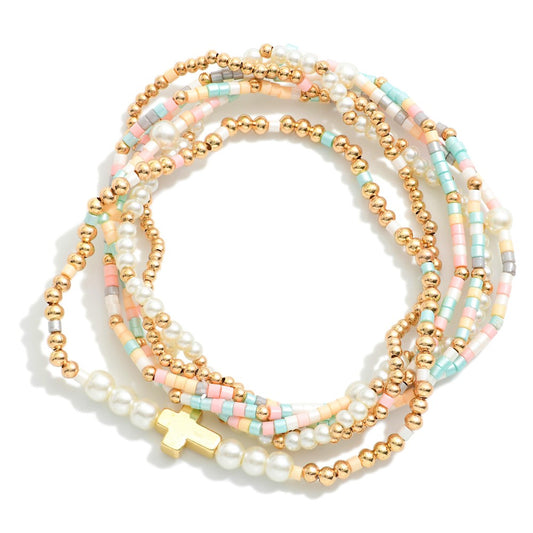 Set of Six Pearl and Gold Bracelets