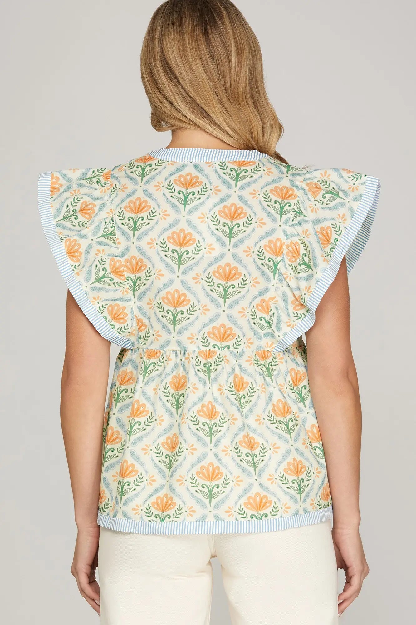 Blue & Orange Ruffle Sleeve Top