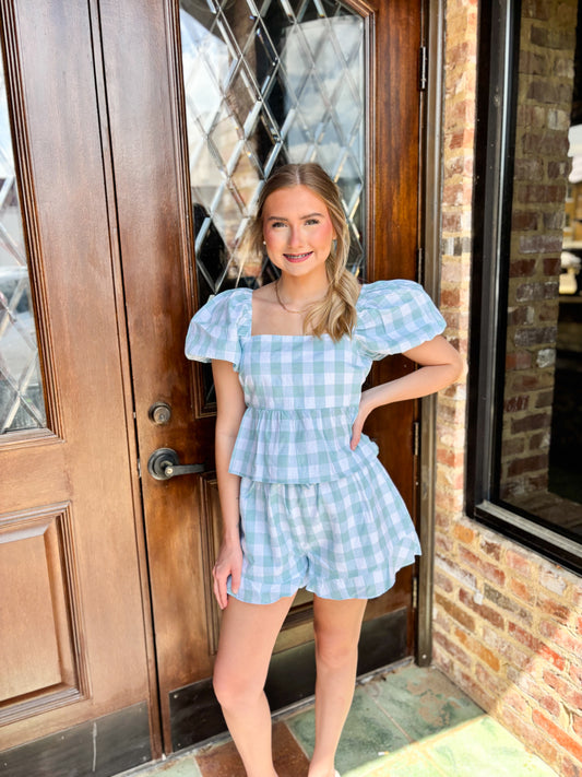 Gingham Puff Top and Ruffle Short Set