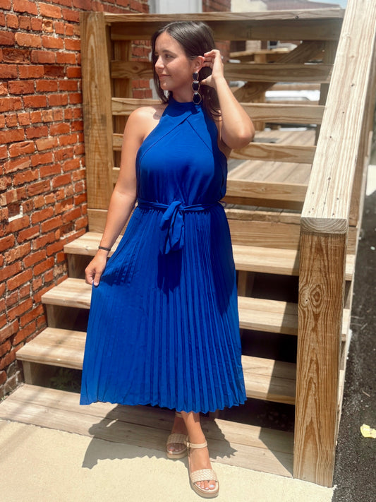 Halter pleated blue dress