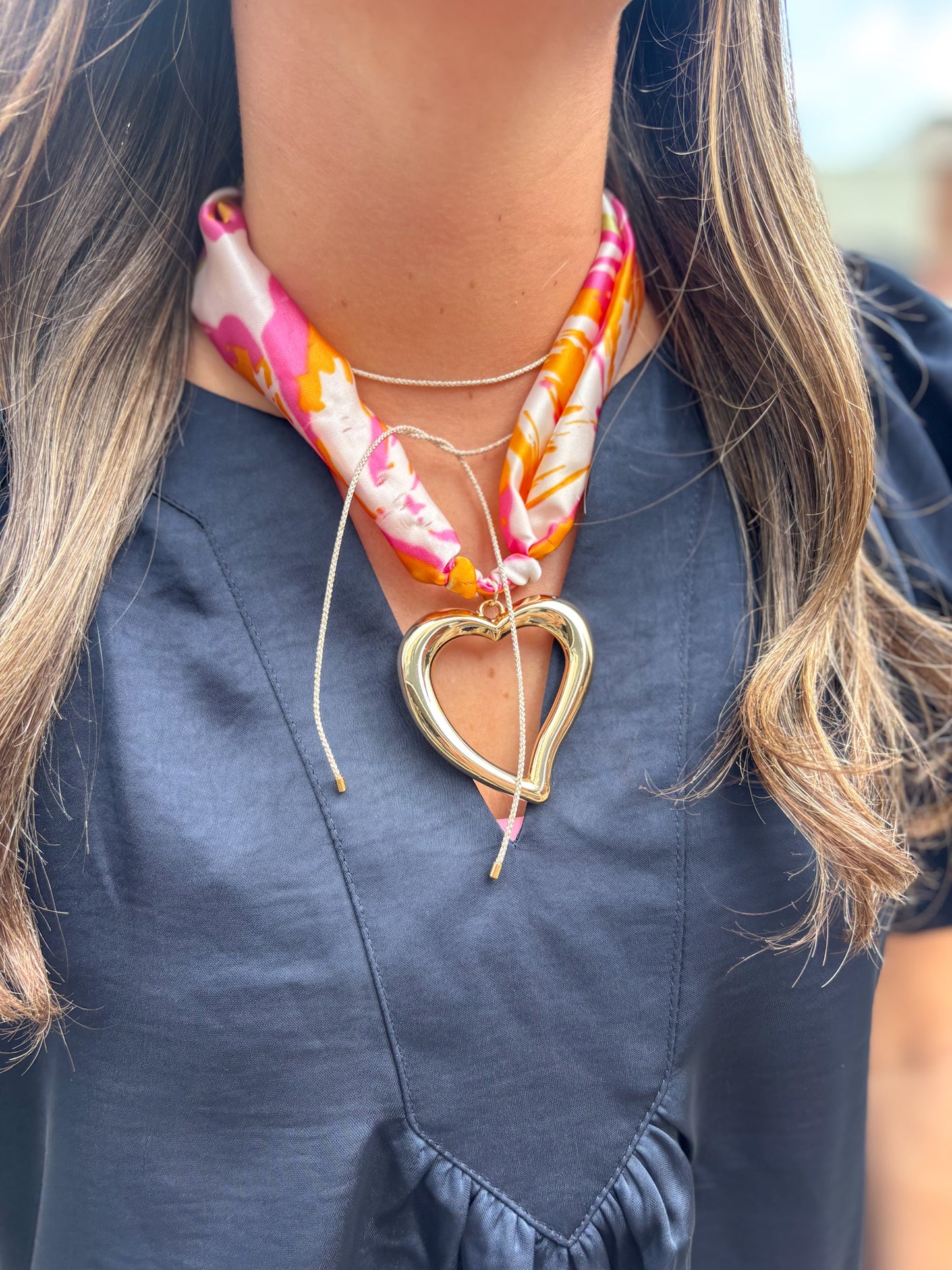 Heart Pendant Pink Scarf Necklace