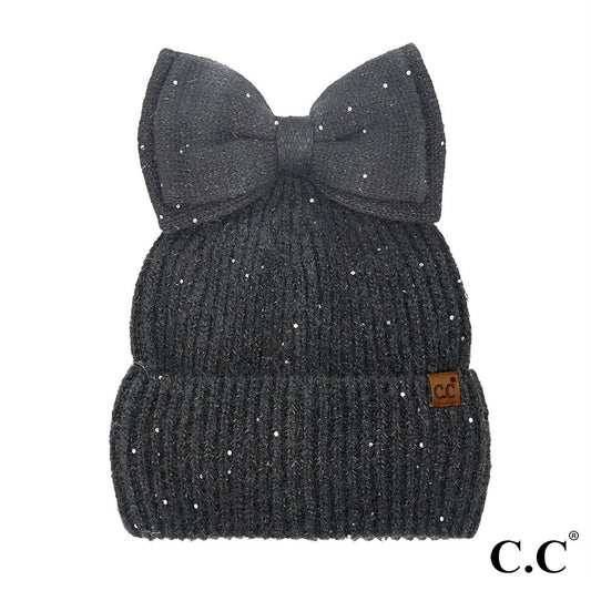 Messy Bun Bow Beanie With Sequins