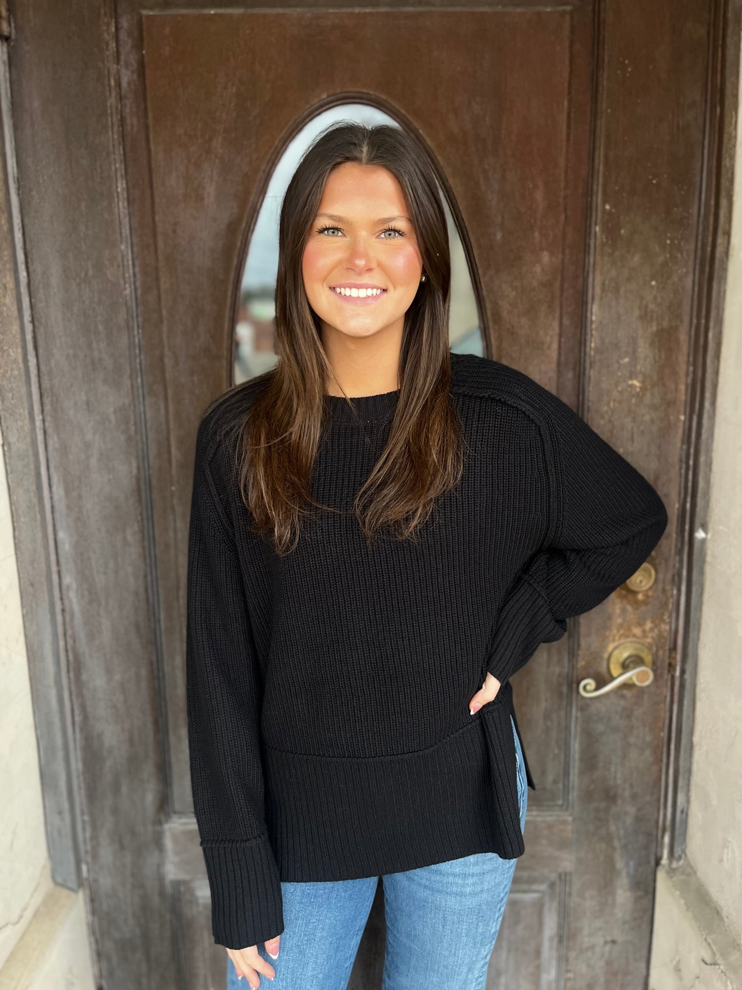 Raglan Long Sleeve Side Slit Sweater