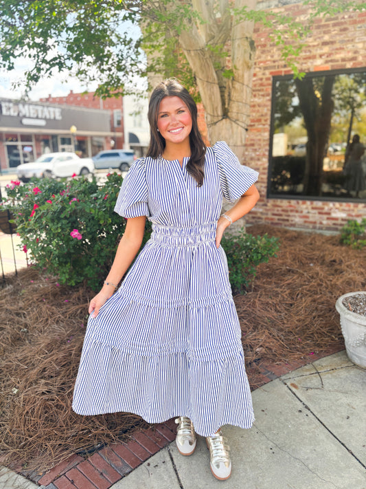 Navy Striped Pintuck Dress