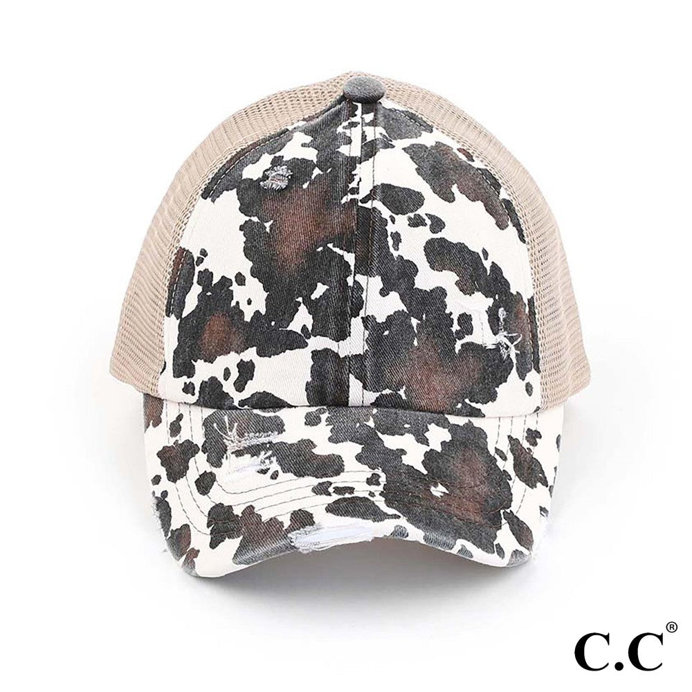 Distressed Cow Print Criss Cross Pony Cap with Mesh Back