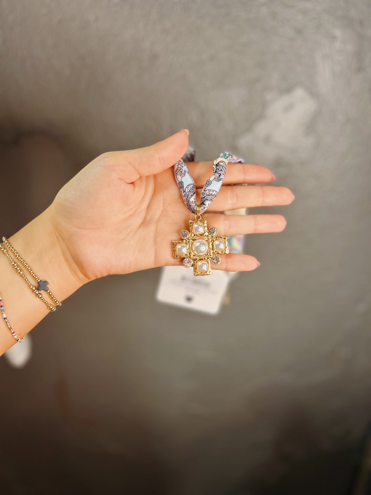 Gold Cross Pendant Scarf Necklace
