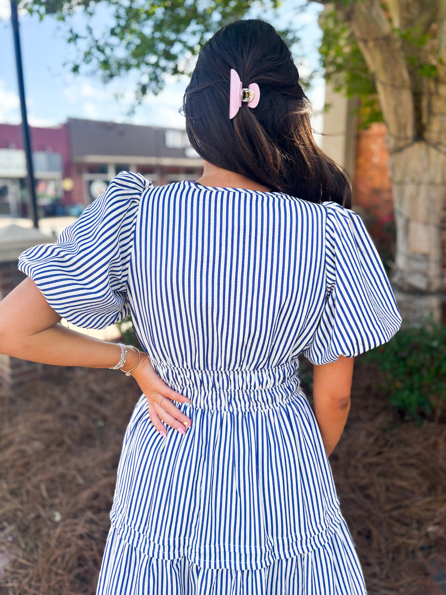 Navy Striped Pintuck Dress