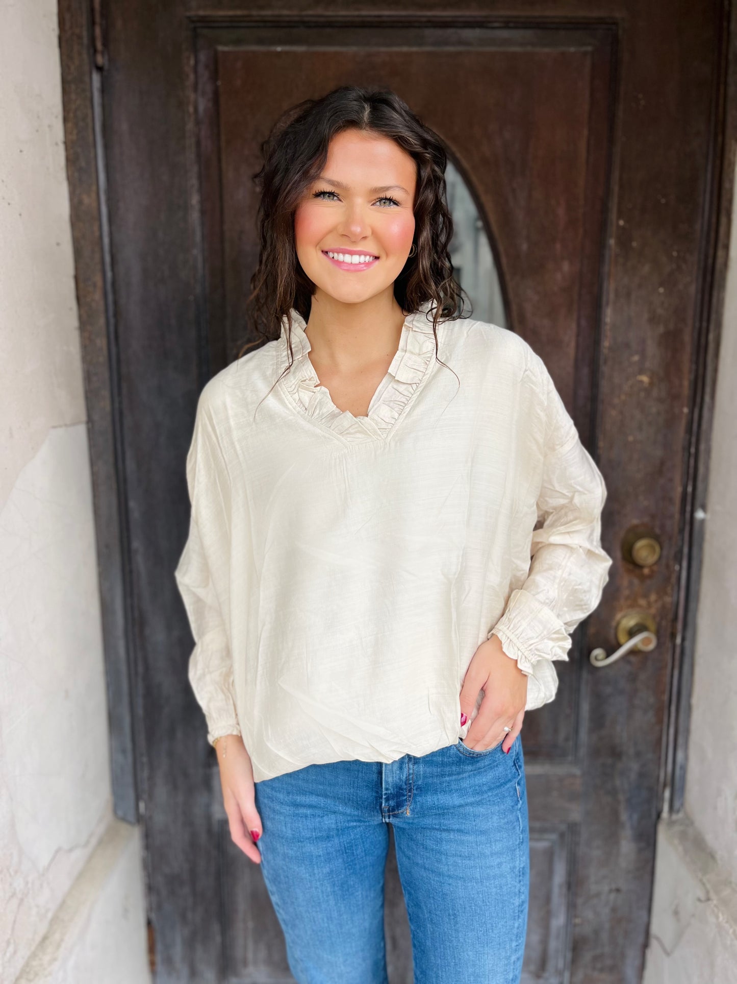 Oatmeal Ruffle V-Neck Blouse