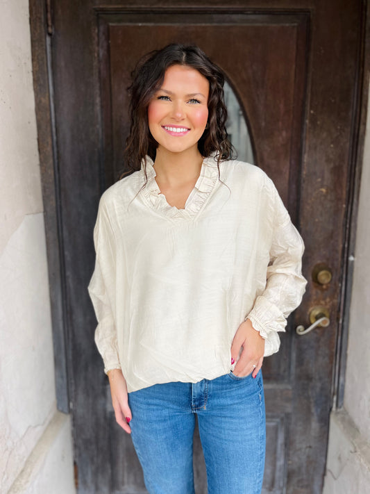 Oatmeal Ruffle V-Neck Blouse