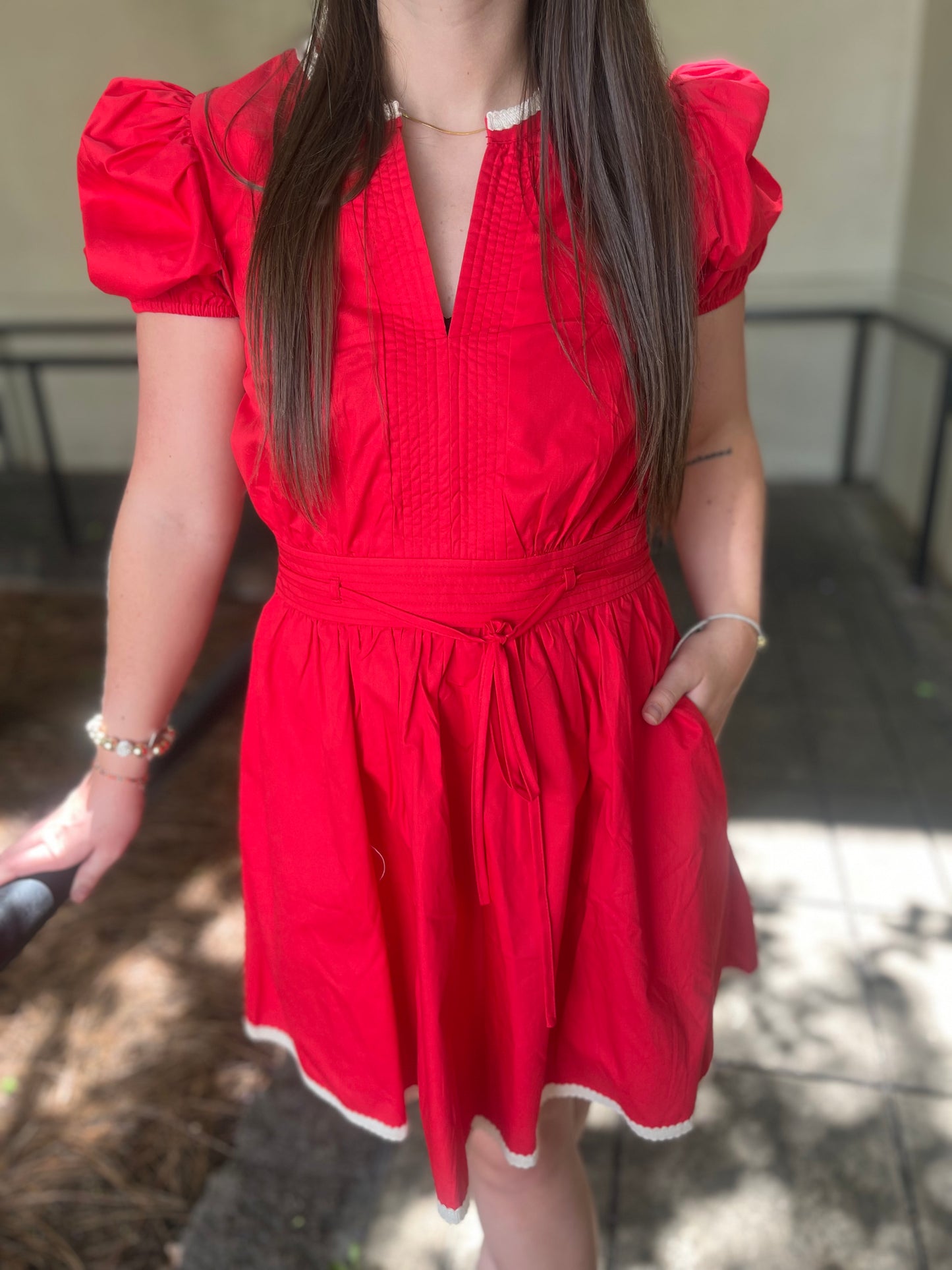 V Neckline Belted Waist Puff Sleeve Red Dress