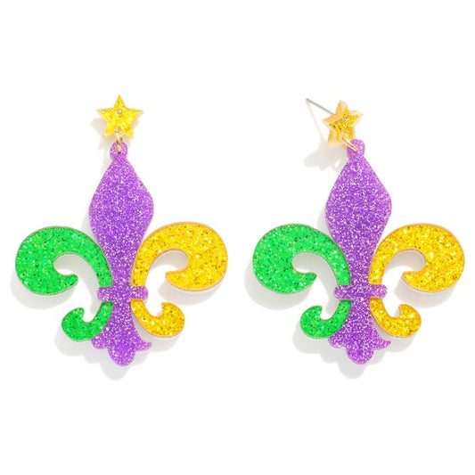 Fleur-De-Lis Glitter Acetate Post Drop Earrings