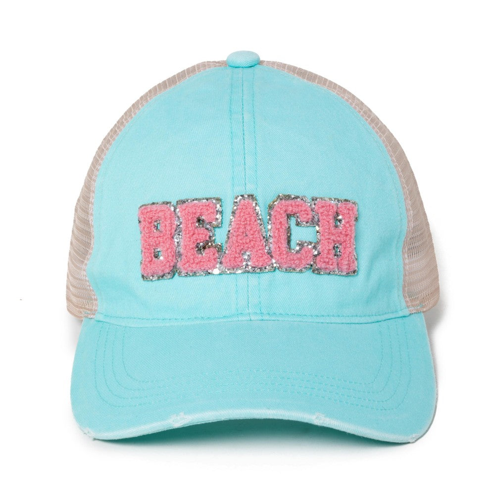 Glitter Chenille 'Beach' Patch Baseball Hat With Mesh Back