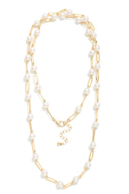 Long Pearl Chain Link Necklace