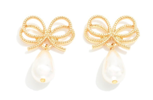 Metal Bow Earrings With Pearl Dangles