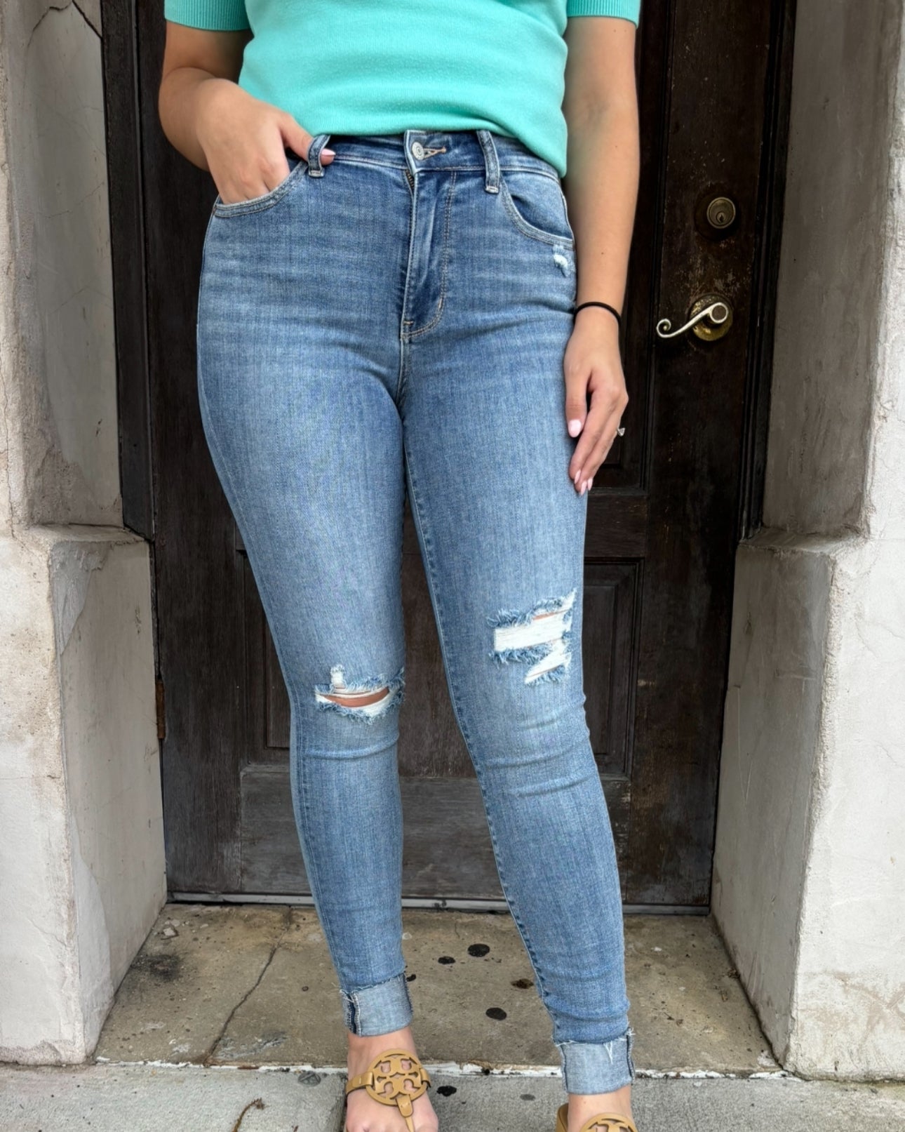 Mid Rise Destroy & Cuff Skinny Jeans