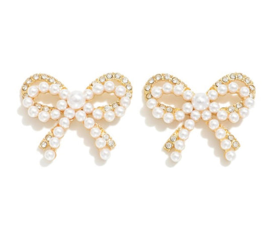 Pearl/Rhinestone Stud Bow Earrings