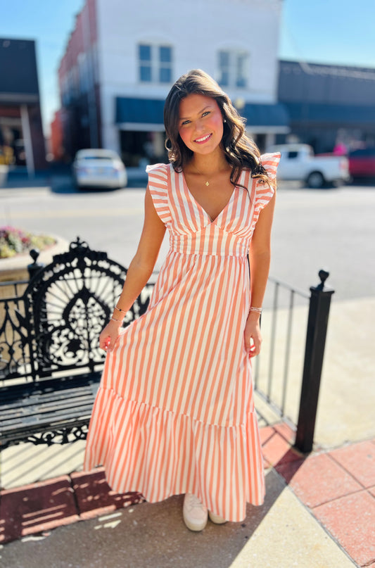 Coral Striped Ruffle Maxi Dress