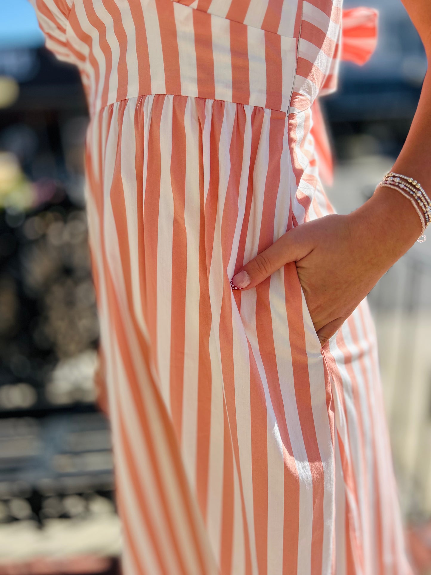 Coral Striped Ruffle Maxi Dress