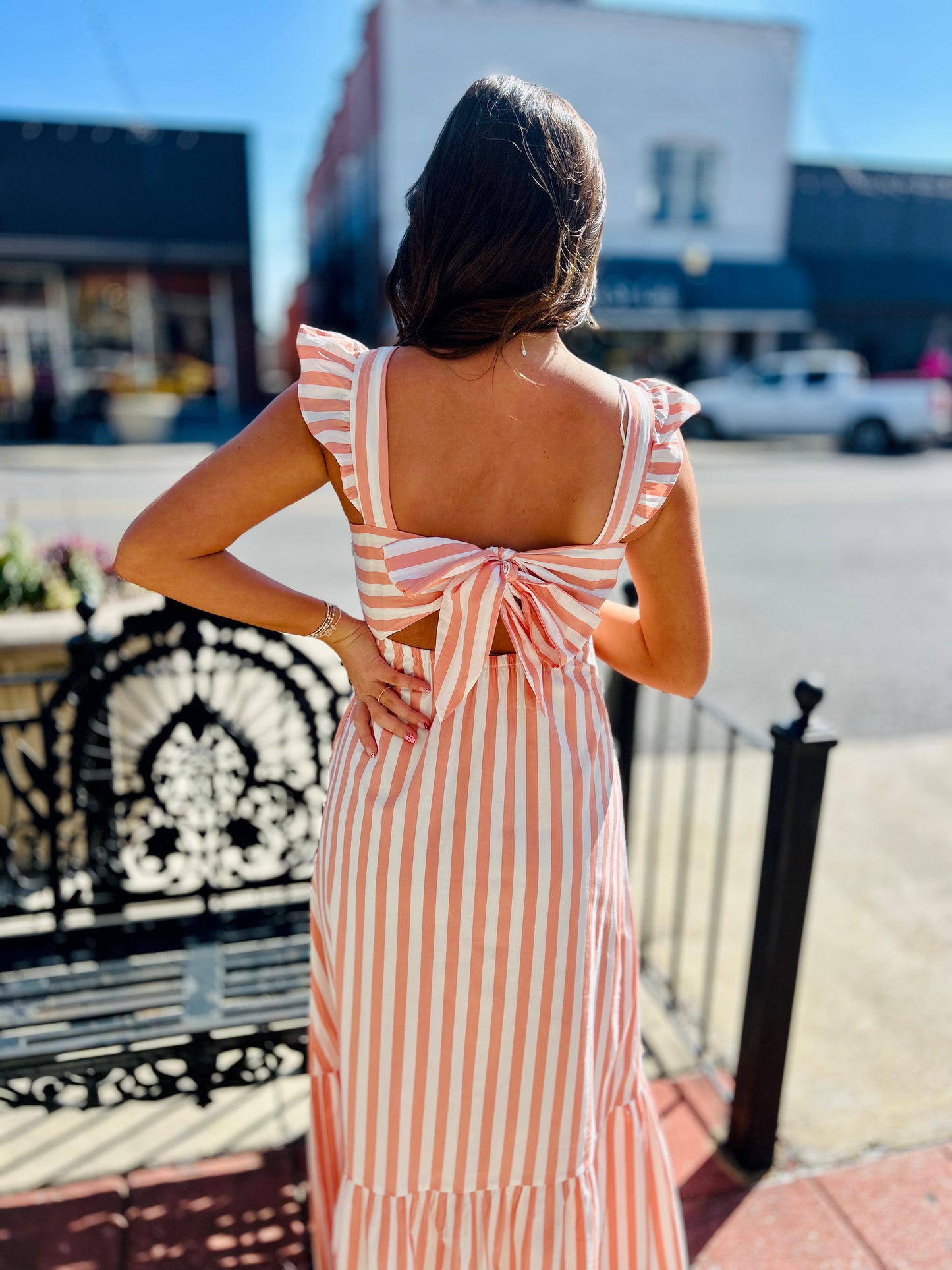 Coral Striped Ruffle Maxi Dress