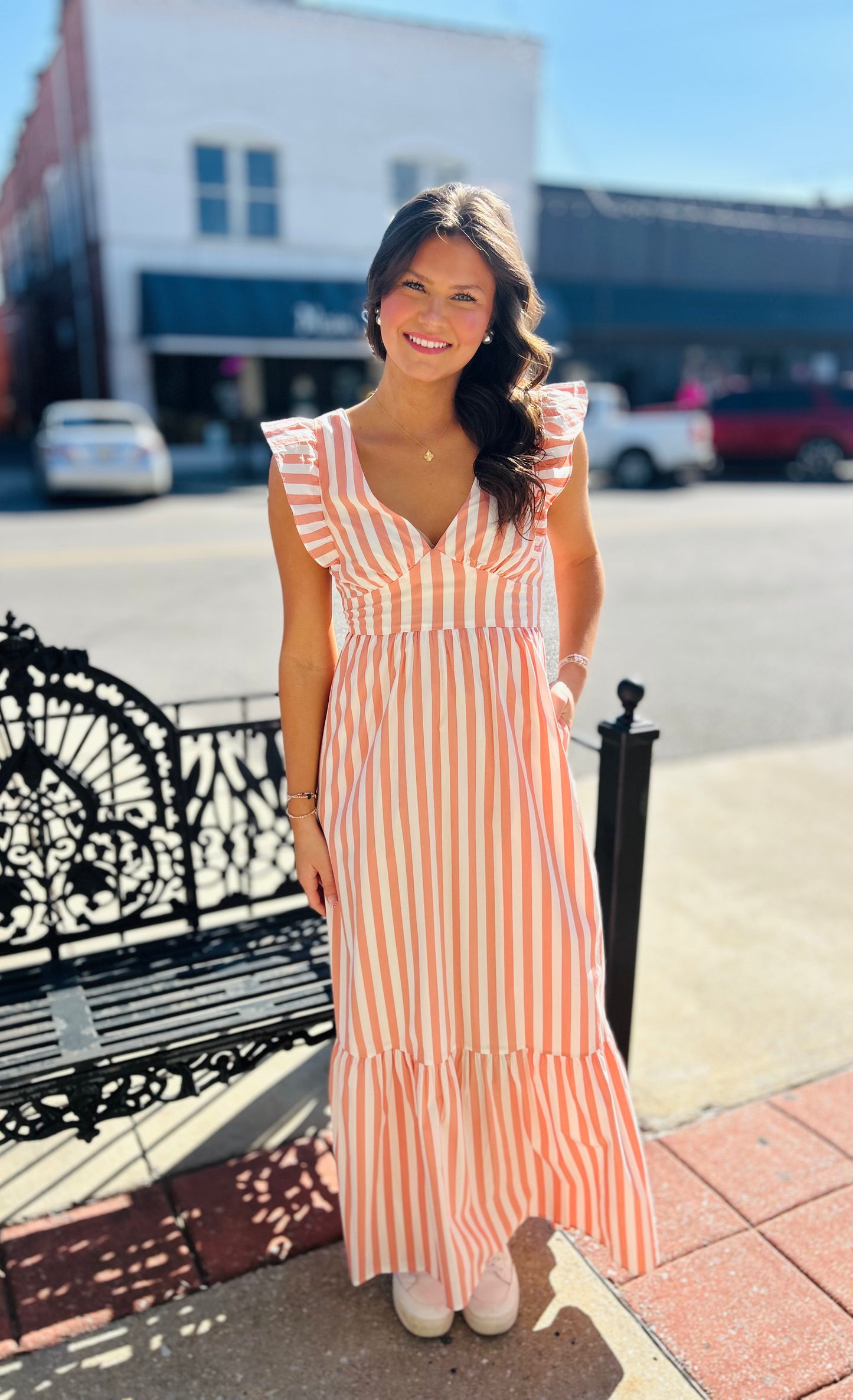 Coral Striped Ruffle Maxi Dress