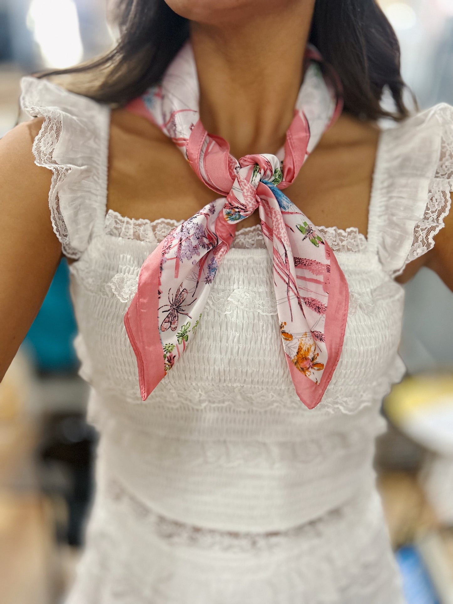 Floral & Dragonfly Print Silky Bandana Scarf
