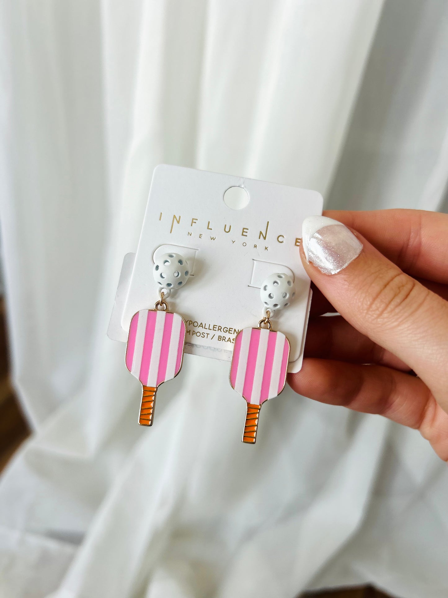 Pink Striped Pickleball Earrings