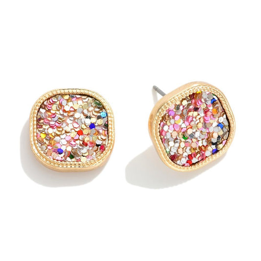 Rounded Glitter Square Stud Earrings