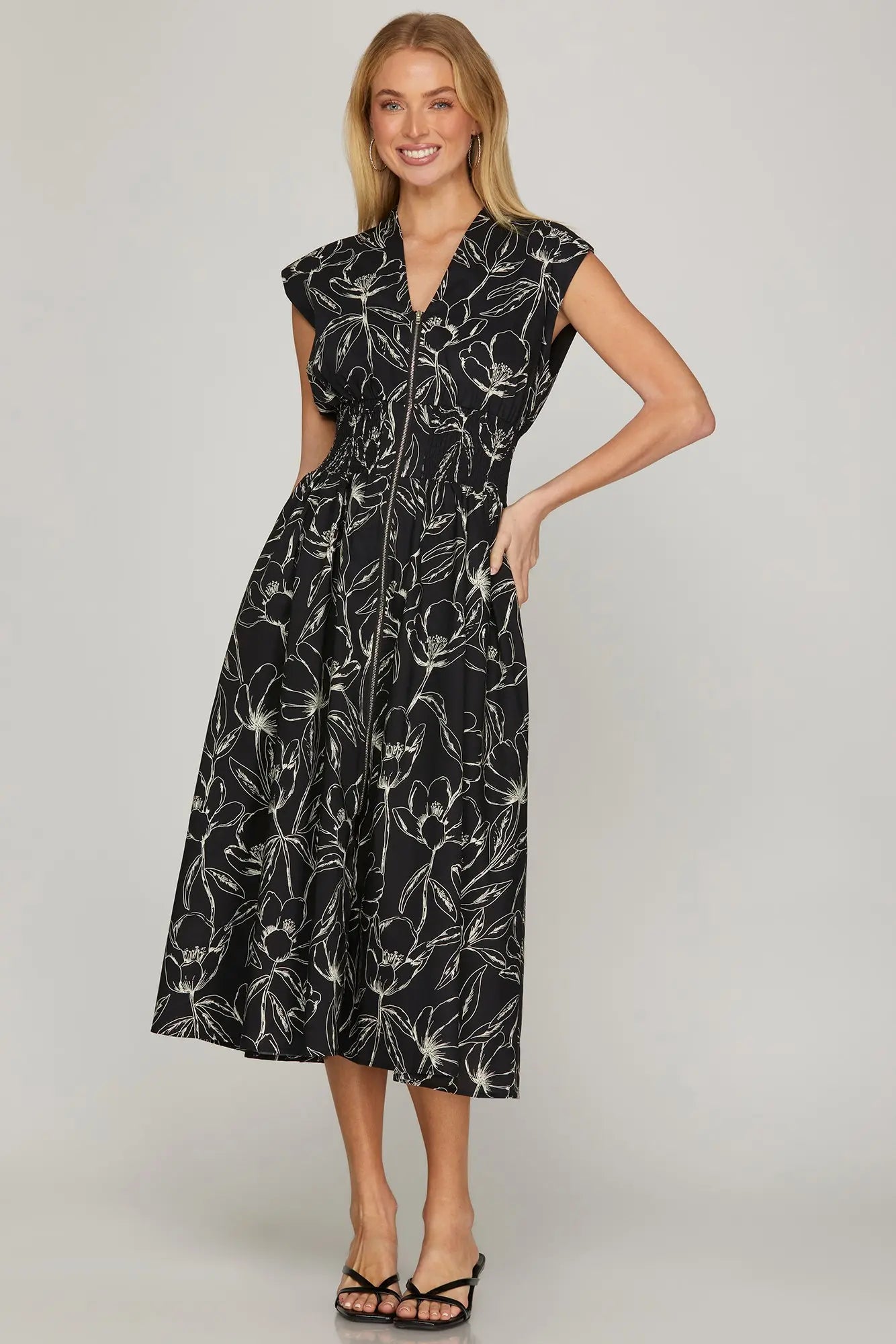 Black Smocked Zipper Dress