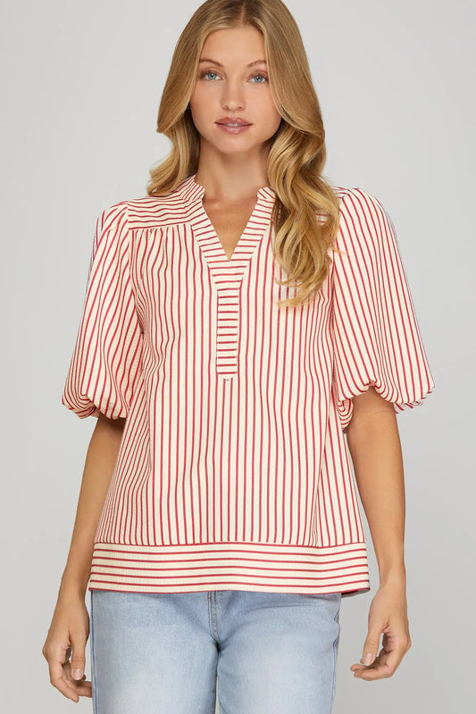Red Striped Bubble Sleeve Top