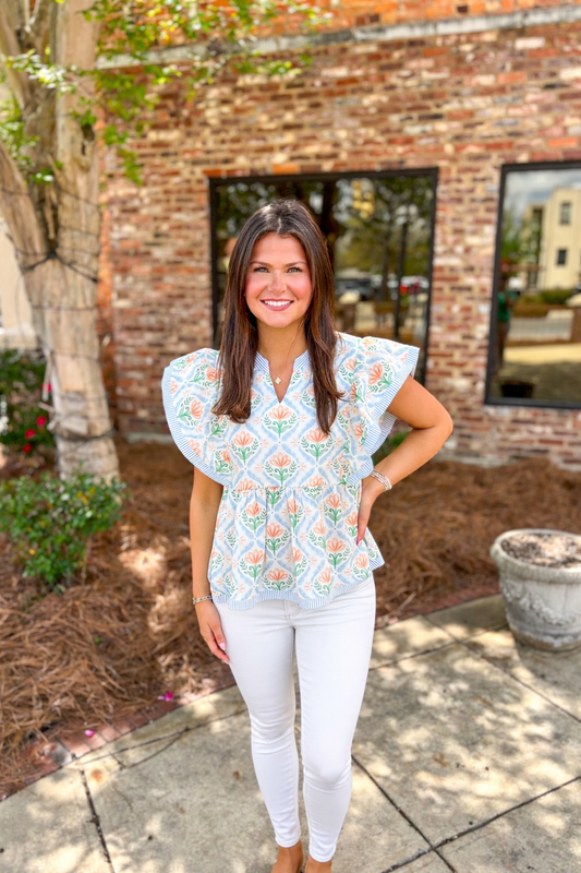 Blue & Orange Ruffle Sleeve Top