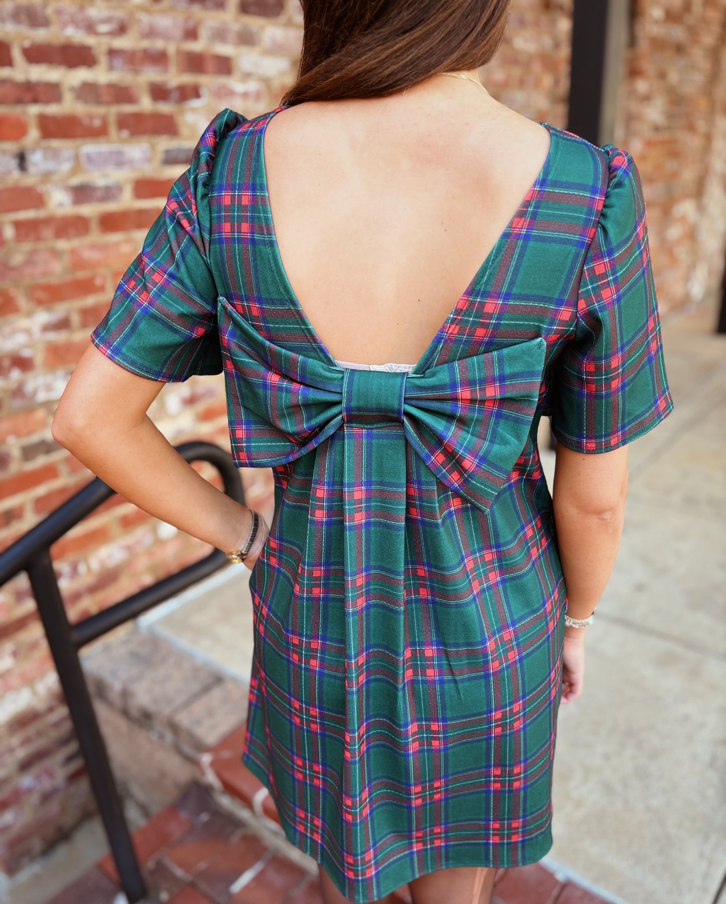 Plaid Bow Back Dress Green