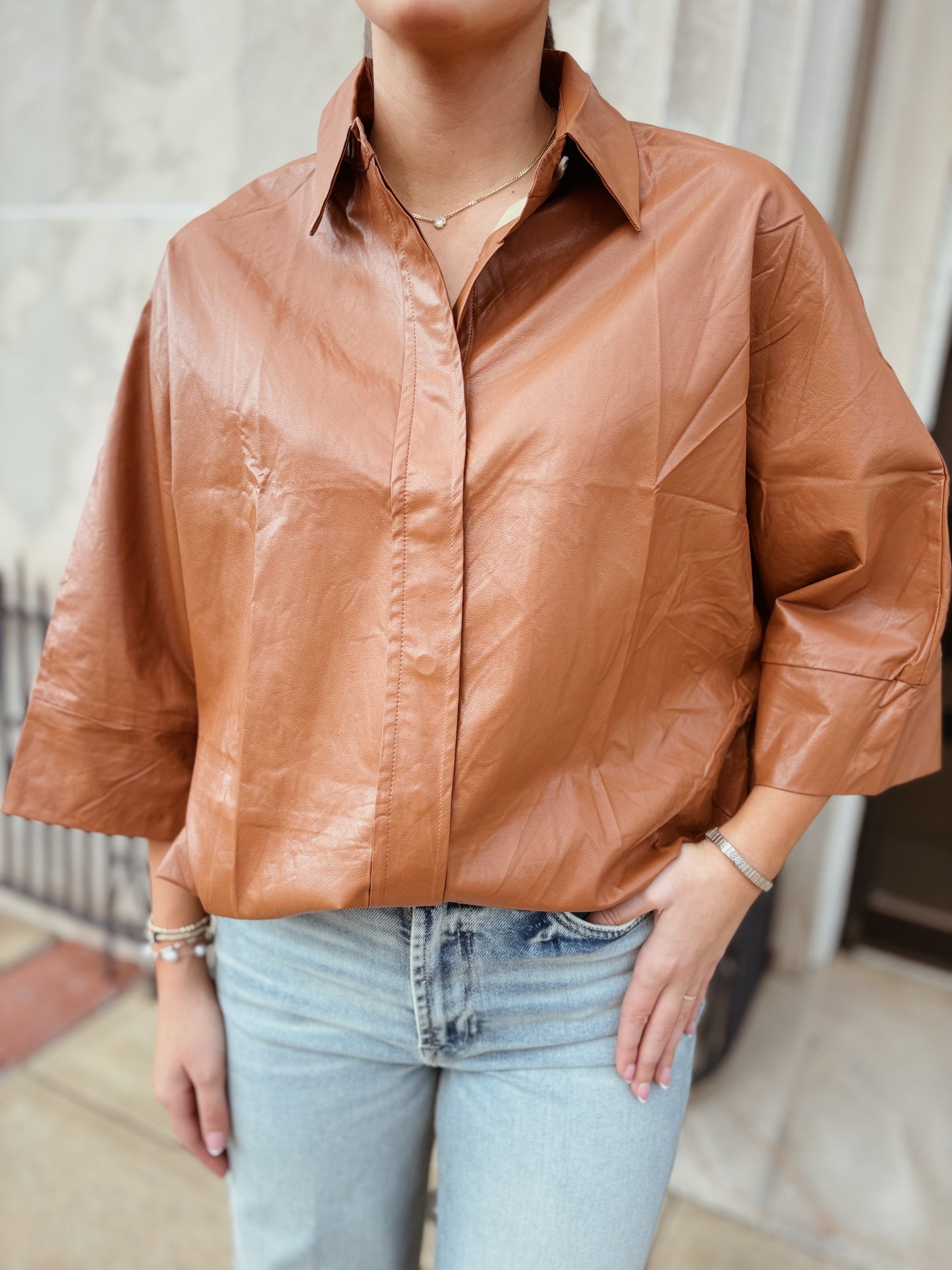 Faux Leather Button Front Top Camel