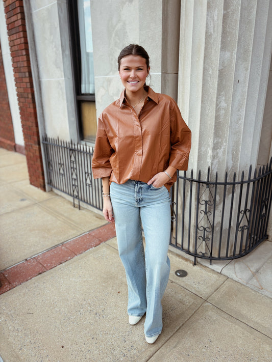 Faux Leather Button Front Top Camel