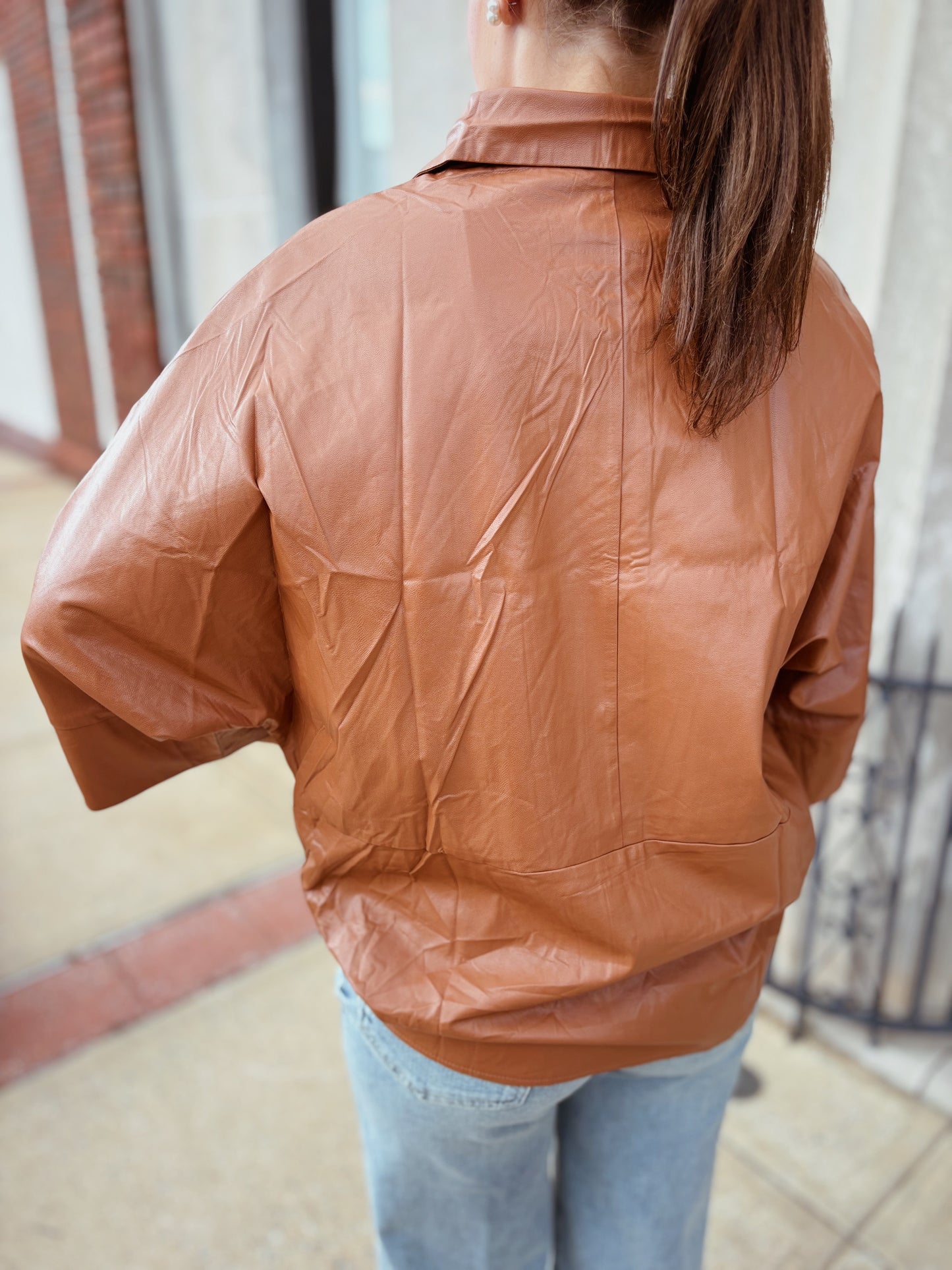 Faux Leather Button Front Top Camel