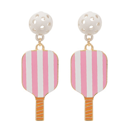Pink Striped Pickleball Earrings