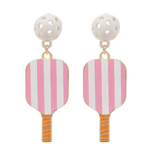 Pink Striped Pickleball Earrings