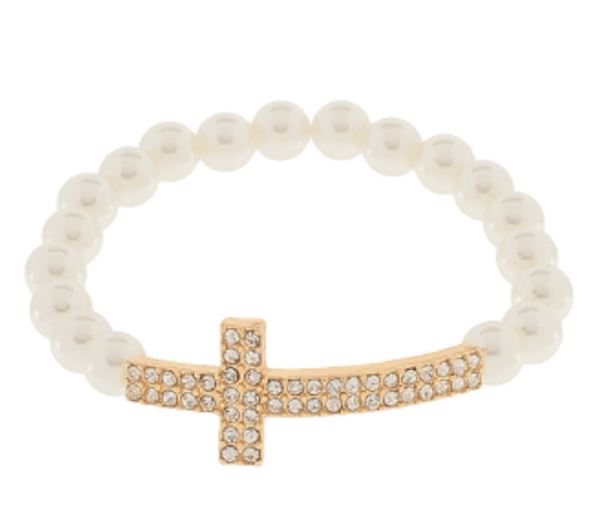 Crystal Cross & Pearls Bracelet