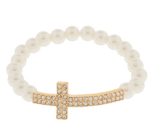 Crystal Cross & Pearls Bracelet