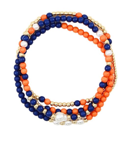 Navy & Orange Beaded Bracelet Set (4)